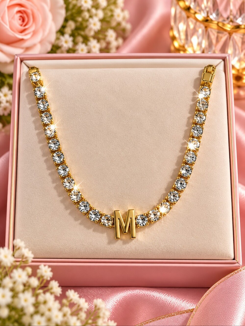 Gold Tone Crystal Tennis Necklace with Letter M Initial Charm Sparkling Statemen